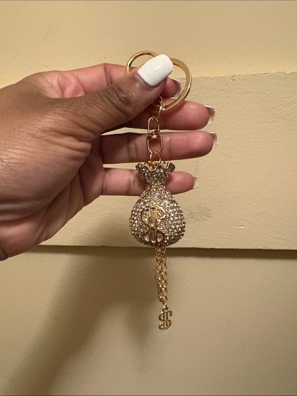 Rhinestone Money Bag Keychain - Gold Crystal Accent